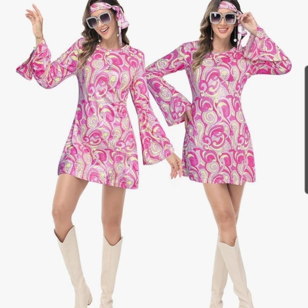 Vibrant Pink Paisley Mini Dress with Bell Sleeves Size Small